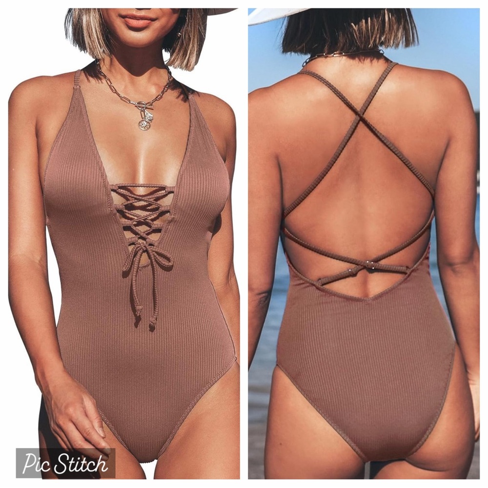 One piece lace-up swimsuit